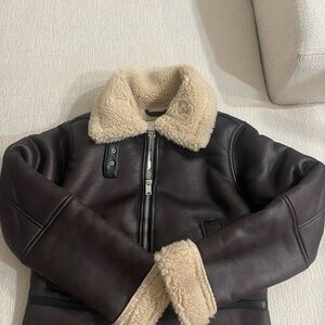 Abercrombie & Fitch Dark Brown Leather Jacket with Cream Shearling
